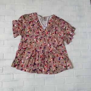 DOLAN Anthropologie Pink Taupe Flower Print Peplum Flutter Top sz L